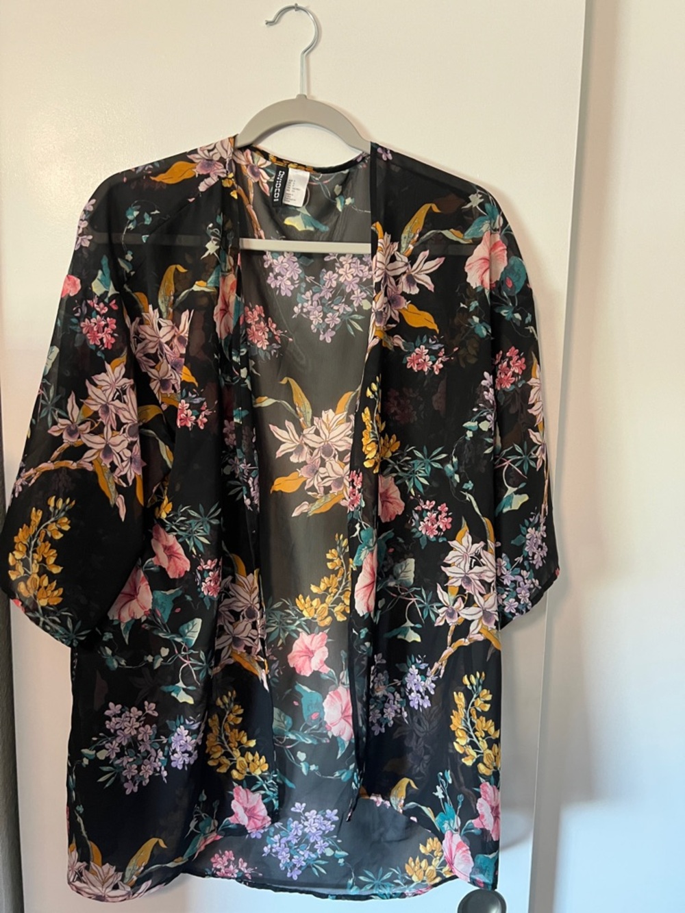 Divided Floral Satin Open-Front Kimono - Black with Pink, Yellow & Teal Flowers